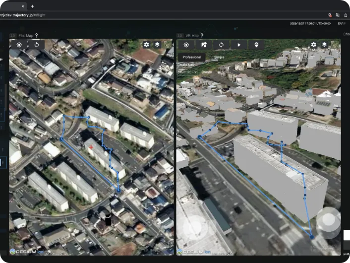 TRJX flight planning software showing a drone route around buildings on 2D and 3D maps